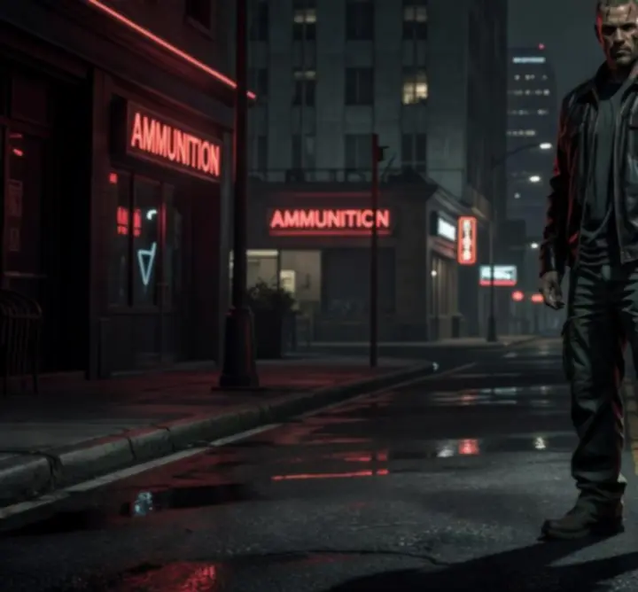 Claude standing against the neon-soaked skyline of Liberty City.