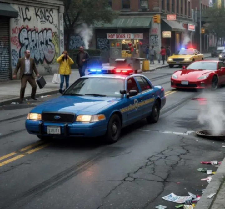 High-intensity Liberty City street scene with police cars, explosions, and gang crossfire.