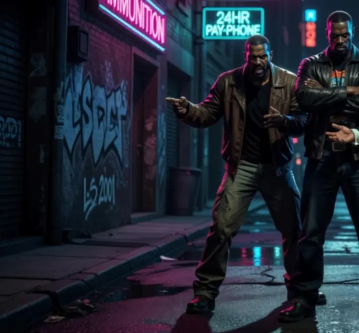 Iconic Grand Theft Auto III characters in a gritty urban composition