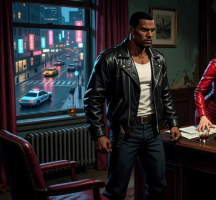 Stylized montage of Liberty City characters including gang leaders, crooked cops, and street hustlers.