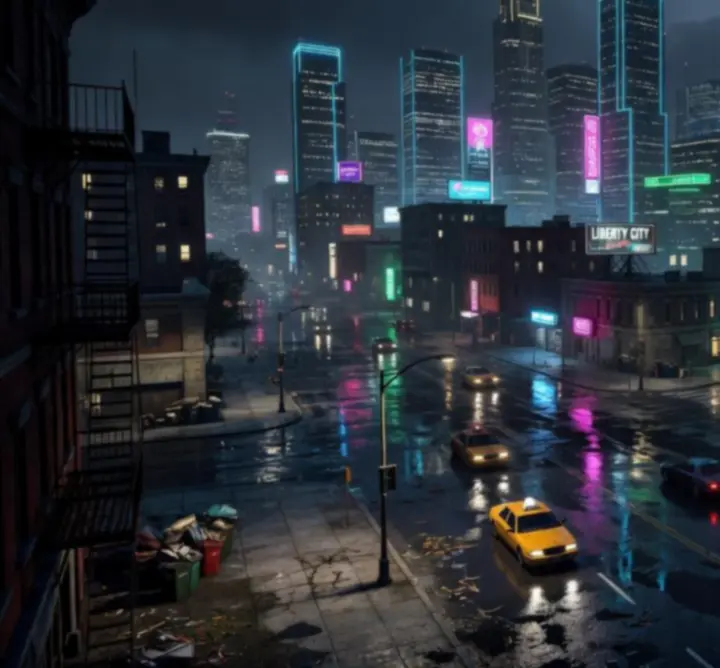 Cinematic night view of Liberty City's skyline, bathed in neon and streetlights