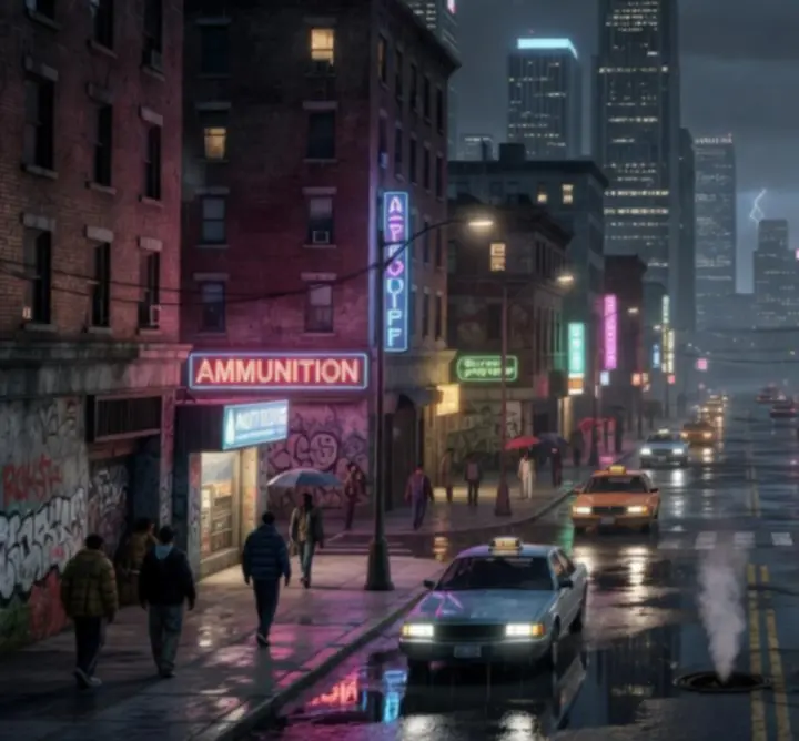 Neon-lit Liberty City skyline at night, capturing the gritty open-world atmosphere of GTA III.