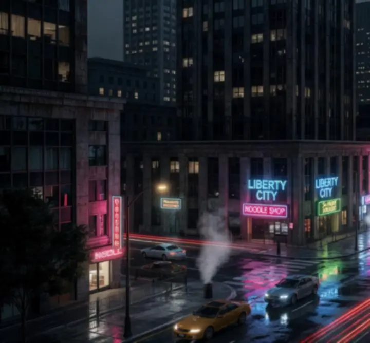 Liberty City skyline at night from Grand Theft Auto III