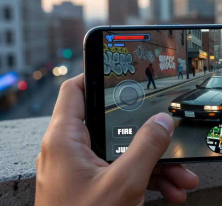 Close-up of mobile on-screen controls for GTA III, including virtual sticks and buttons